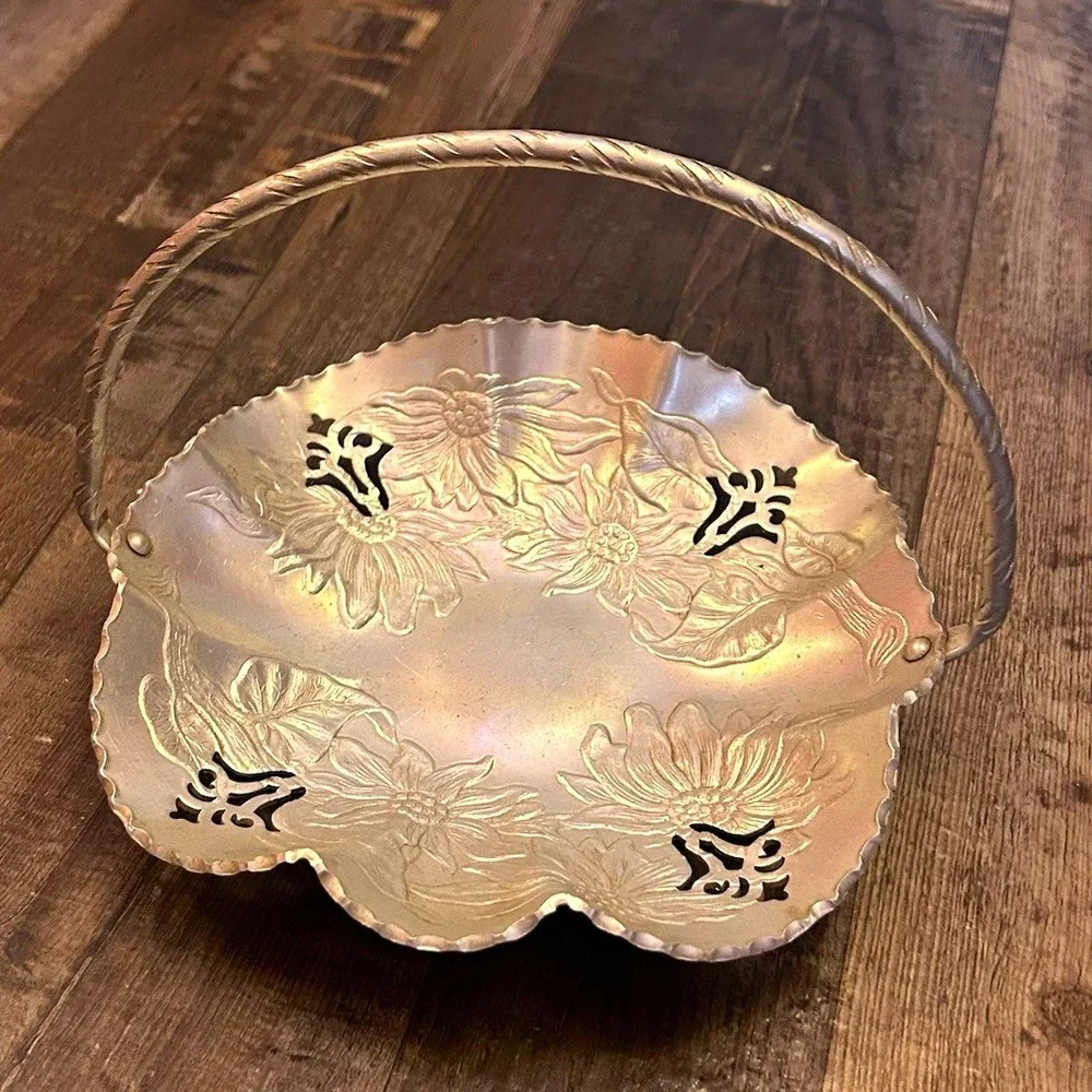 Aluminum Basket with Handle, Floral Cutout & Embossed Design